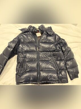 Authentic Moncler Navy Shiny Quilted Jacket with Red-Trim Detail